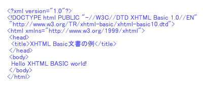 XML Basicで書かれたページデータの例。画面に「Hello XHTML Basic world!」を表示する